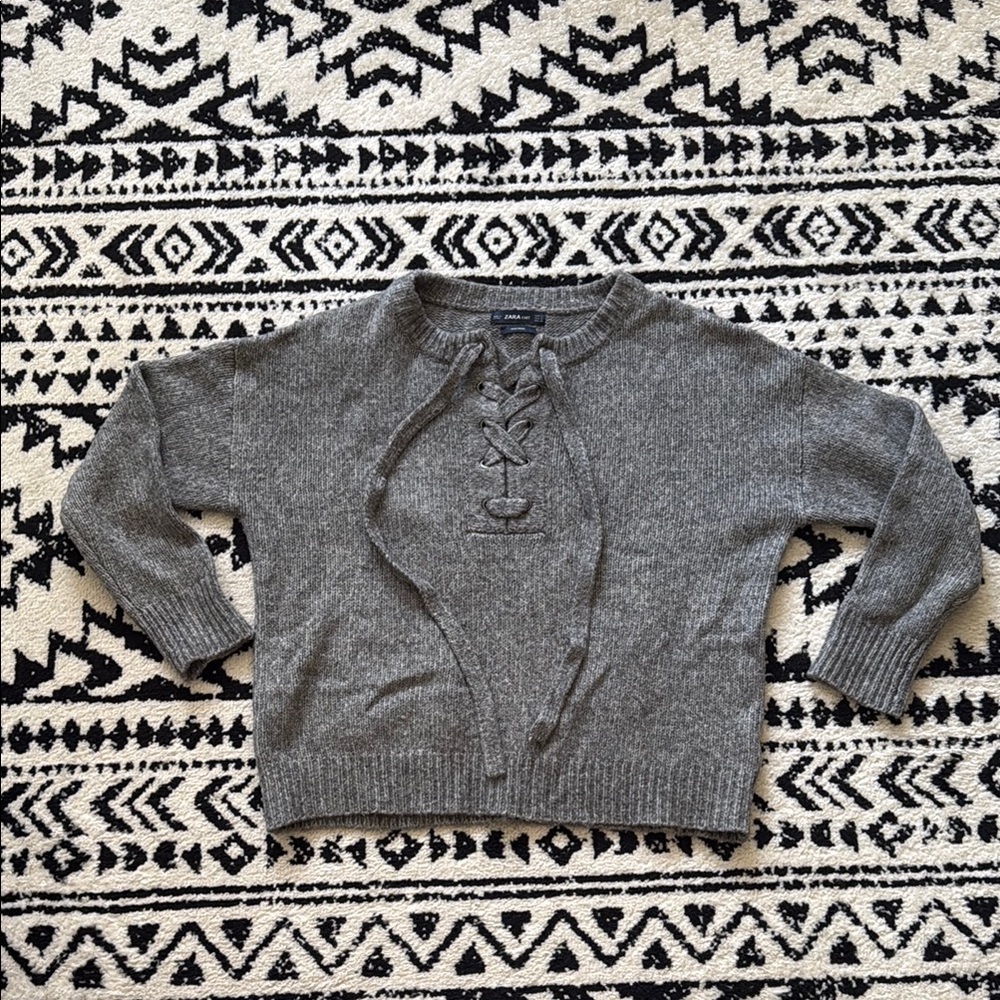 Zara Knit: Grey Lace Up Wool Blend Sweater